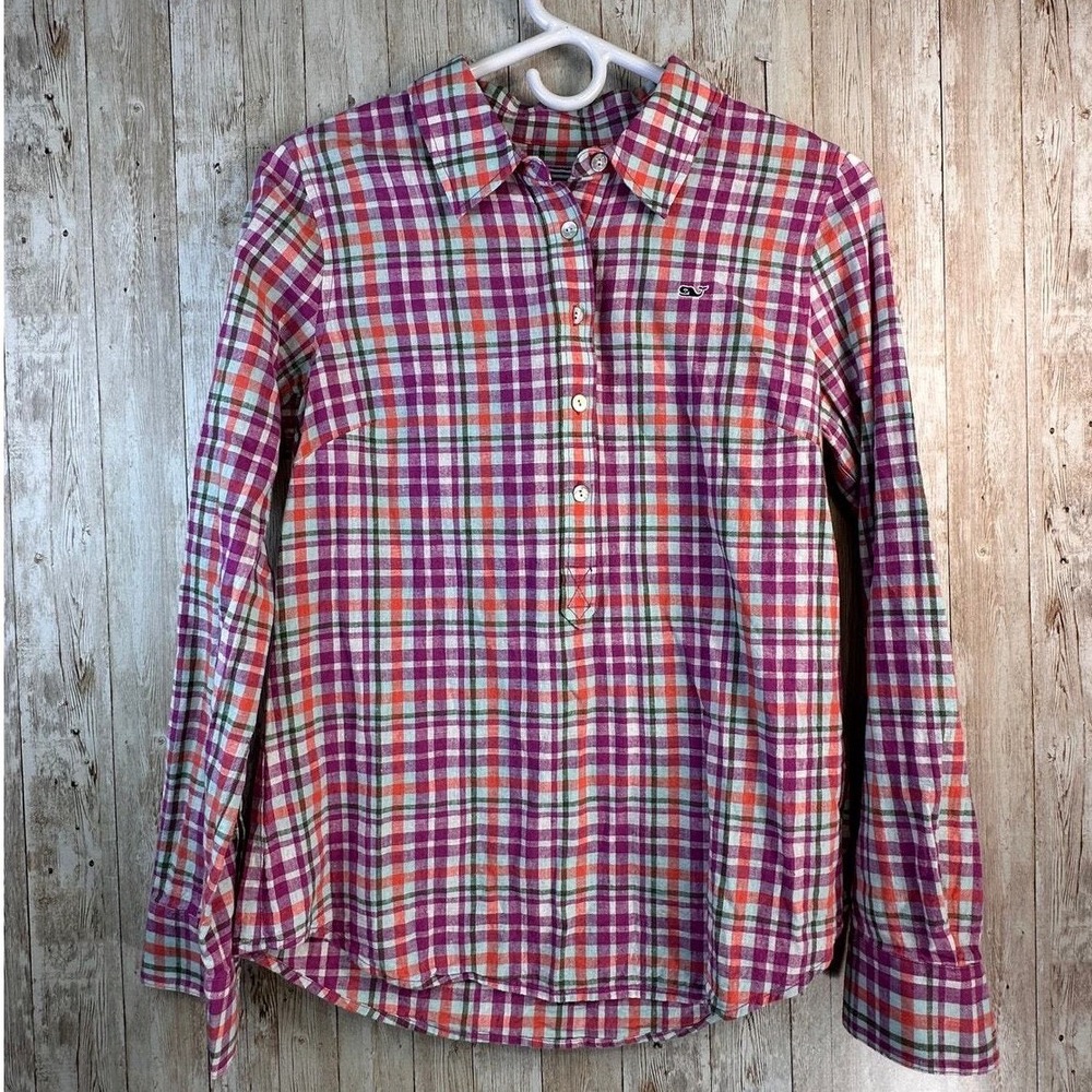 Vineyard Vines Shirt Womens Sz 4 Fuchsia Pink Plaid 1/2 Button Linen Blend‎